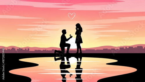 Man Proposing to Woman on One Knee at Sunset by the Lake