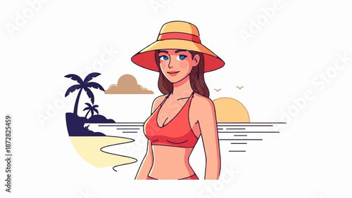 A woman in a bikini and hat stands on a beach with palm trees and a sunset