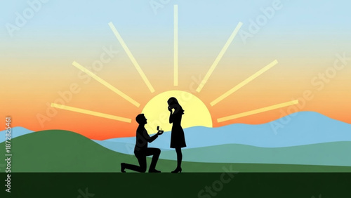 Man Proposing to Woman at Sunset on Hill, Vector Illustration