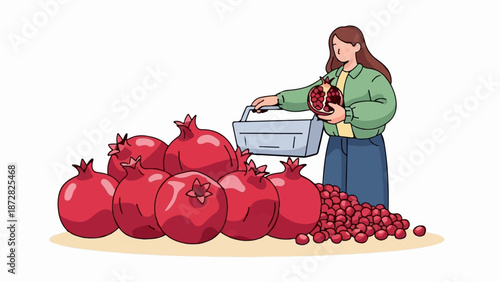 A woman holds a halved pomegranate, surrounded by whole fruit and arils, with a basket nearby