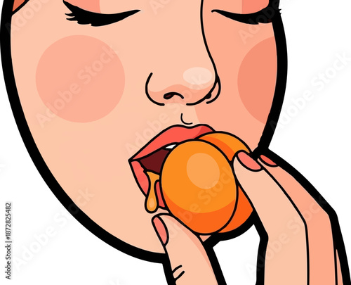 A woman enjoys a juicy, sweet fruit, with juice dripping from her lips