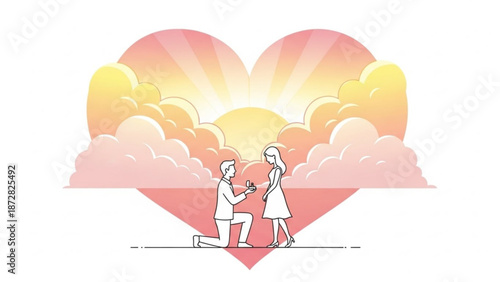 Man Proposing to Woman in Heart-Shaped Sunset with Clouds, Vector Illustration