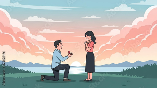 Man Proposing to Woman on One Knee in Scenic Landscape