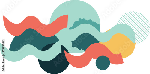 Vibrant abstract composition with wavy shapes in pastel colors on white background