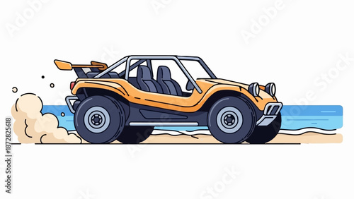 An orange buggy speeds along a sandy beach, kicking up dust near the ocean