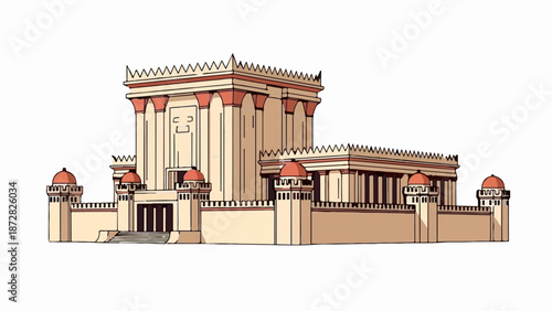 An ornate, ancient religious structure with tiered levels, columns, and domes