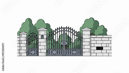 An ornate, gated entrance with brick pillars and lush green foliage
