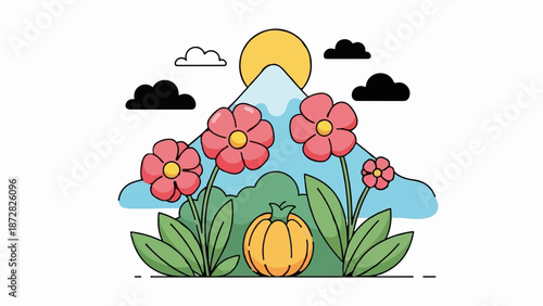A whimsical mountain scene with bright flowers, a pumpkin, and fluffy clouds under a yellow sun