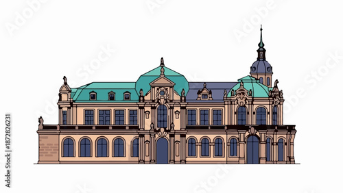 An ornate, symmetrical facade of a historic building, featuring arched windows, grand entrances, and a central dome