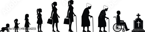 The image is a silhouette illustration depicting the stages of human life, from infancy to old age and death.