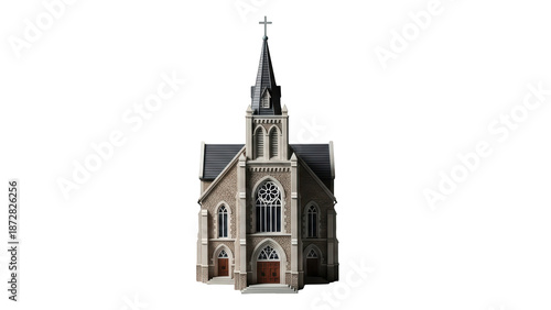 Gothic style church building 3D model isolated on transparent background PNG (गॉथिक शैली का चर्च भवन)