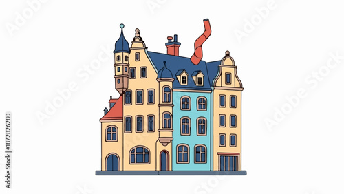 A whimsical illustration of old European townhouses with colorful facades and steep roofs