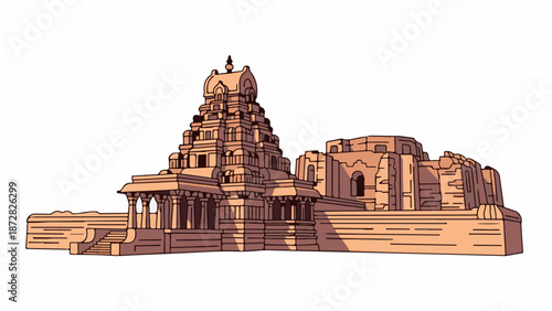 An ornate, tiered stone temple structure with detailed carvings and a tall spire against a white background