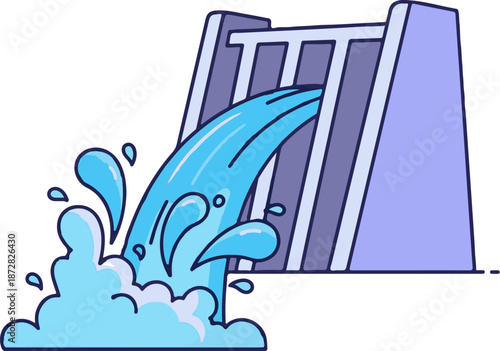 Cartoon dam with water flowing forcefully over the spillway and splashing below