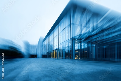 Modern glass building with motion blur effect under a clear sky.