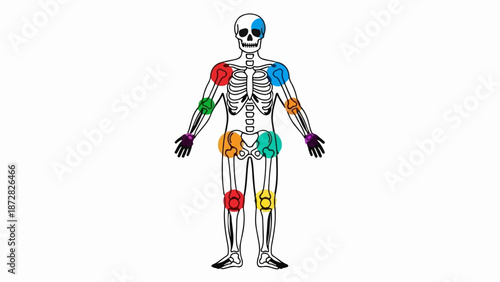 Anatomical diagram of a human skeleton with colored joint markings