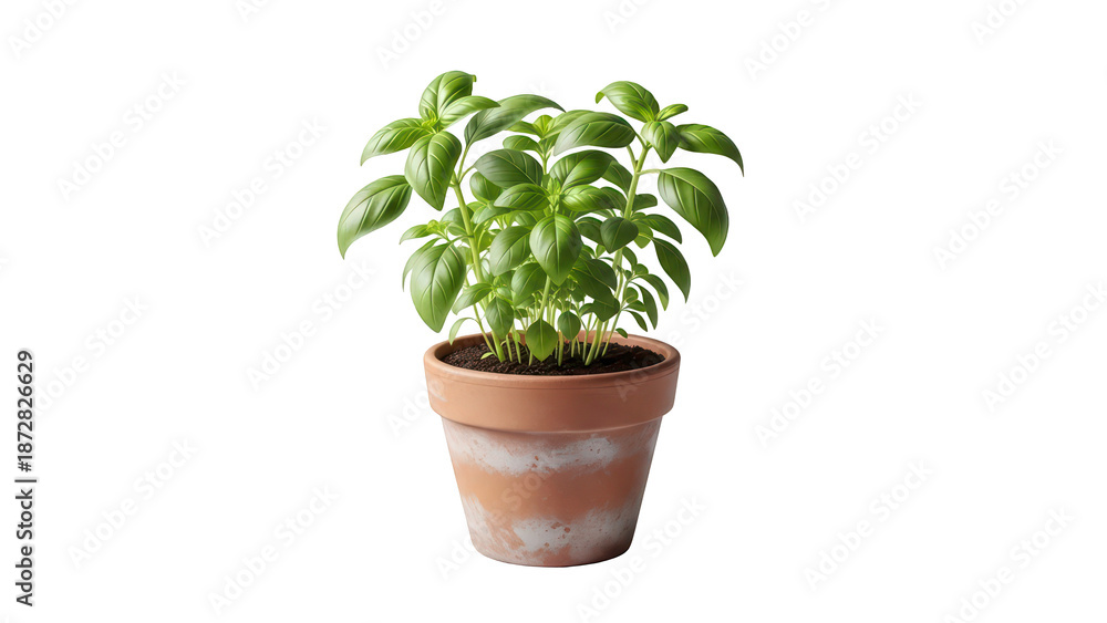 Obraz premium Fresh basil plant in a terracotta pot isolated on transparent background PNG (मिट्टी के गमले में ताजा तुलसी का पौधा)
