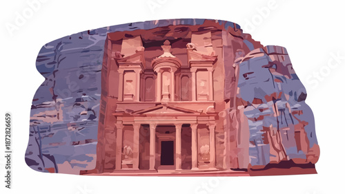 Ancient carved stone facade within a rock face, rendered in muted tones