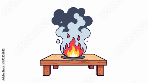 A whimsical illustration of a stylized campfire on a wooden platform, with vibrant flames and billowing smoke