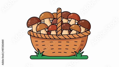 A whimsical illustration of a overflowing basket of mushrooms