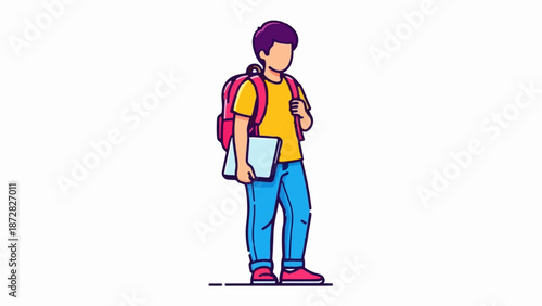 Cartoon depiction of a young person with a backpack and a laptop