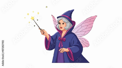 A whimsical fairy with a pointed hat casts magic with a star-tipped wand