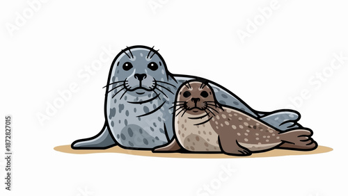 Cartoon depiction of two seals, one large gray and one smaller brown, resting together on a sandy shore