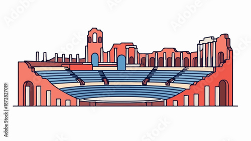 Ancient ruins of an amphitheater with tiered seating and arched entrances