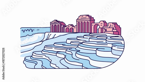 Ancient ruins overlook striking white and blue mineral terraces with flowing water