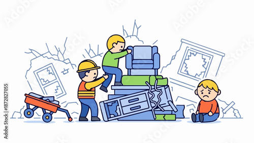 Cartoon depicts a disaster relief scene with people helping each other amidst destruction