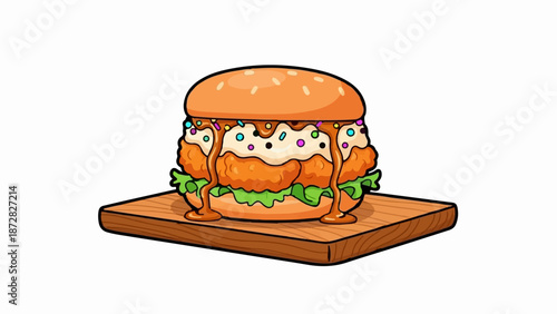 A whimsical, dripping chicken burger with sprinkles on a wooden plank