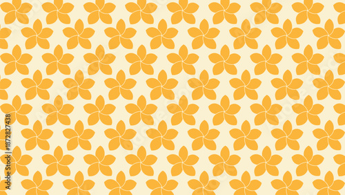 Seamless Vector Pattern of Vibrant Yellow Frangipani Blossoms Arranged in a Symmetrical Grid on a Pale Cream Background, Featuring a Tropical Botanical Design for Summer Textiles
