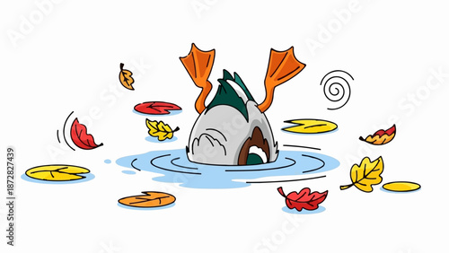 Cartoon duck diving into water surrounded by falling autumn leaves and lily pads