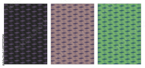 Seamless Vertical Patterns with a Detailed Geometric Weave Motif in Dark Charcoal, Dusty Lavender, and Vibrant Green Tones, Perfect for Technical Fabrics and Modern Apparel