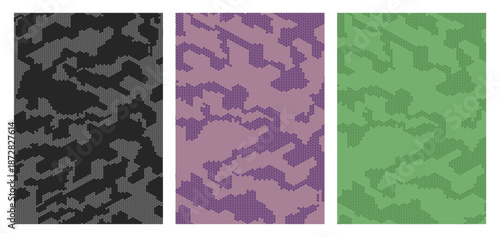 Vertical Abstract Camouflage Backgrounds in Black, Purple, and Green Tones, Featuring Jagged Military-Style Patterns for Tactical Apparel Design, Gaming, and Urban Graphics