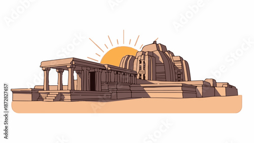 Ancient temple complex at sunrise, featuring colonnades and a domed structure