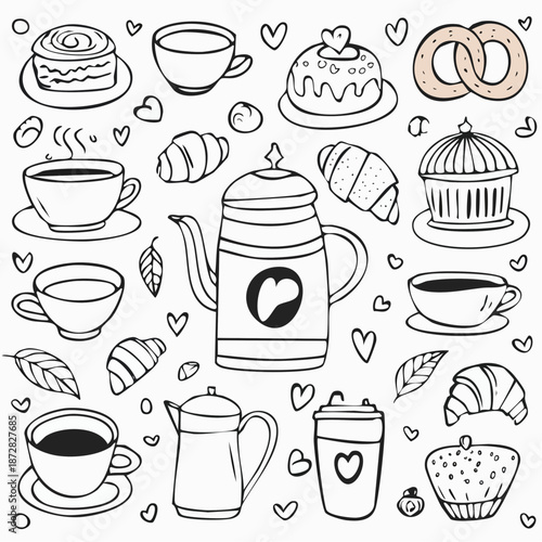 Charming hand-drawn doodle set featuring an inviting array of coffee cups, elegant teapots, delectable pastries, croissants, and sweet treats, perfect for cozy breakfast or cafe-themed designs
