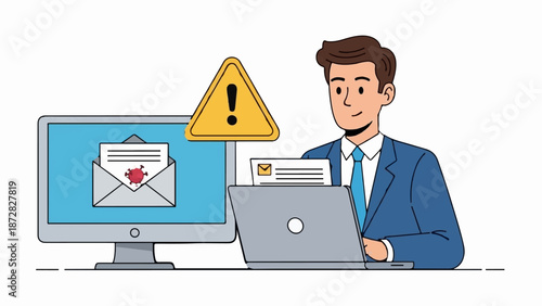 Businessman alerted to virus email on computer, laptop displays alert