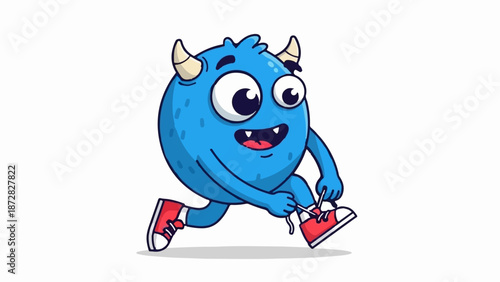 Animated blue monster with horns tying red sneakers while running