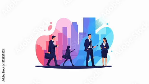 Business professionals in city backdrop with abstract colorful shapes