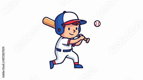 Animated boy in baseball uniform swings bat at a ball