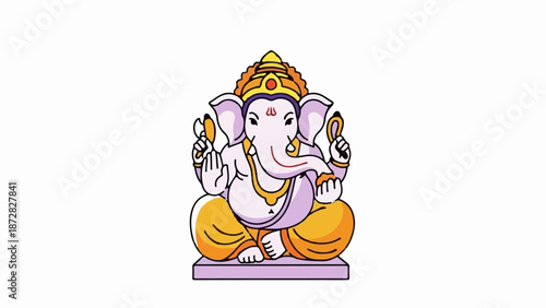 Cartoon elephant god, seated, wearing ornate headwear and jewelry, holding objects