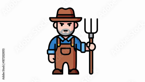 Cartoon farmer wearing overalls and hat, holding a pitchfork