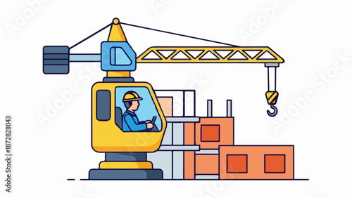 Animated construction worker operating a tower crane and building materials