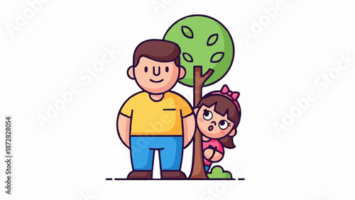 Cartoon father and daughter behind a tree, playful hide-and-seek scene