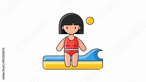 Cartoon figure in red swimsuit on a beach with a sun and wave
