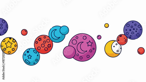 A whimsical collection of colorful, cartoonish celestial bodies in orbit, with playful designs
