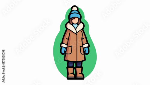 Cartoon figure in winter attire, featuring a brown coat, blue hat, and gloves