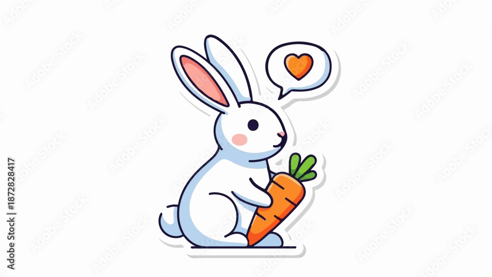 Obraz premium Adorable cartoon bunny holding a carrot with a heart in a thought bubble