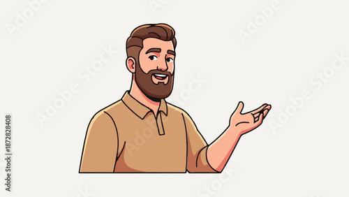 Animated man with beard in brown shirt, smiling and gesturing outwards
